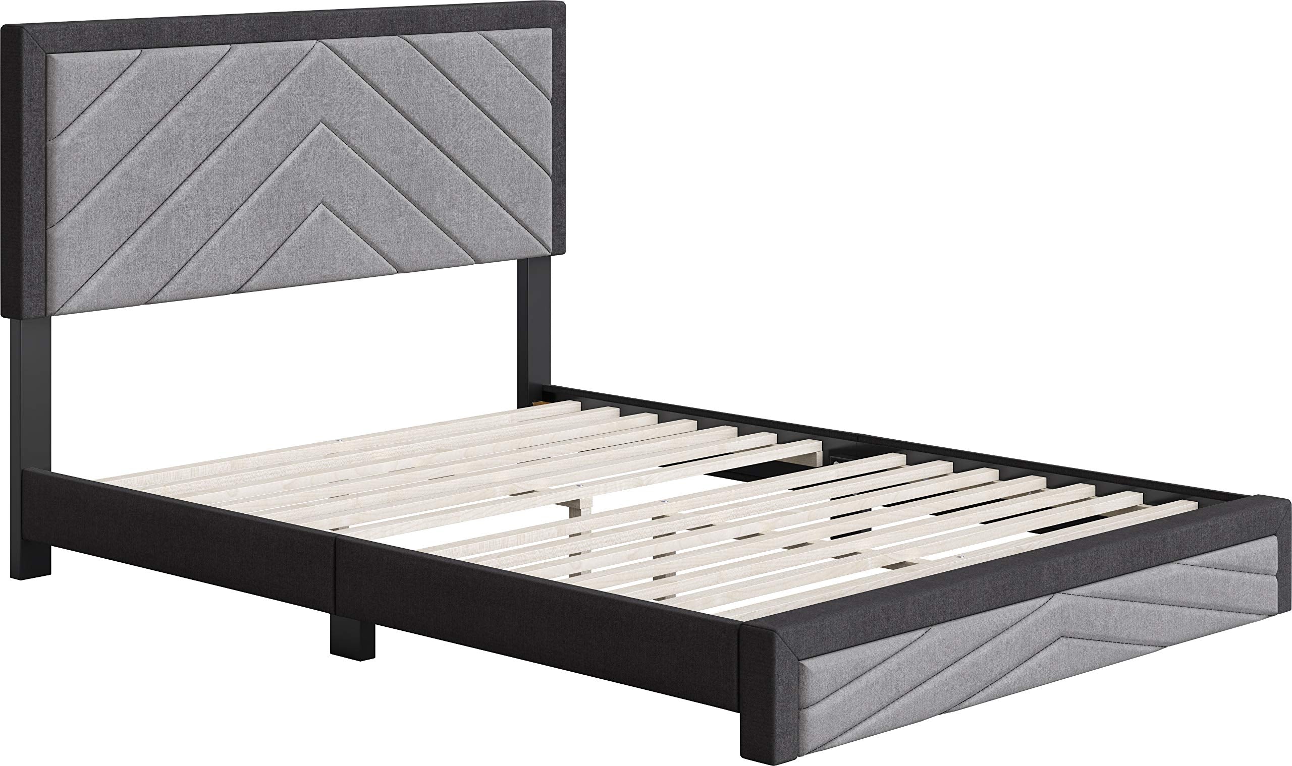 Boyd Sleep Barcelona Upholstered Platform Bed with Headboard and Durable Mattress Foundation with Strong 14 Wood Slat Supports, No BoxSpring Required: Queen, Black/Gray